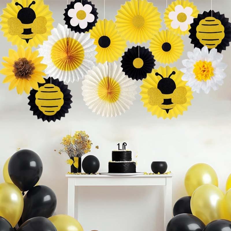 14 stycken Ljusgula Bin Solros Pappersfläkt Set Kreativt Handgjort Hantverksset Säker Barnvänlig Festtillbehör