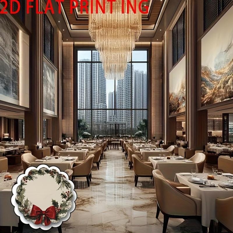Set of 6 Retro Wreath Design Round Placemats with Musical Notes And Red Bows for Christmas, Holiday Kitchen, Banquet And Party Catering Decoration