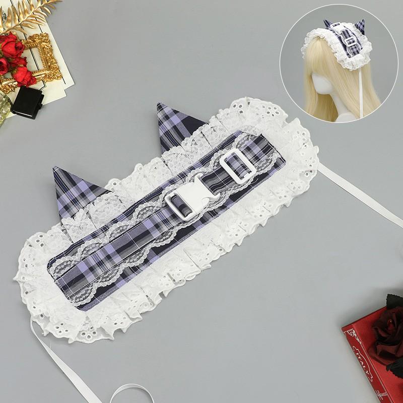 Handmade Lace Cat Ear Hairband Lolita Fashion Kawaii Pastel Grid Headwear Accessory