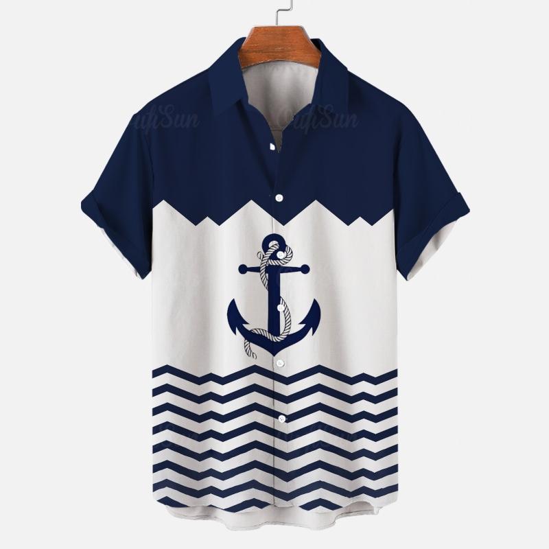 Summer Casual Men Shirts, Navy White Marine Element Fabric Texture Print, Multiple Stitching Design Loose Breathable Open Front Shirts