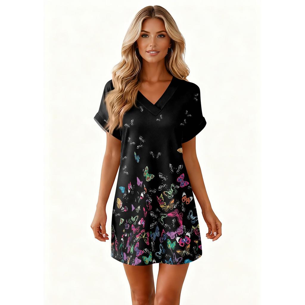 Women's Fashion Print V-Neck Short Sleeve Pocket Casual Pullover Dress
