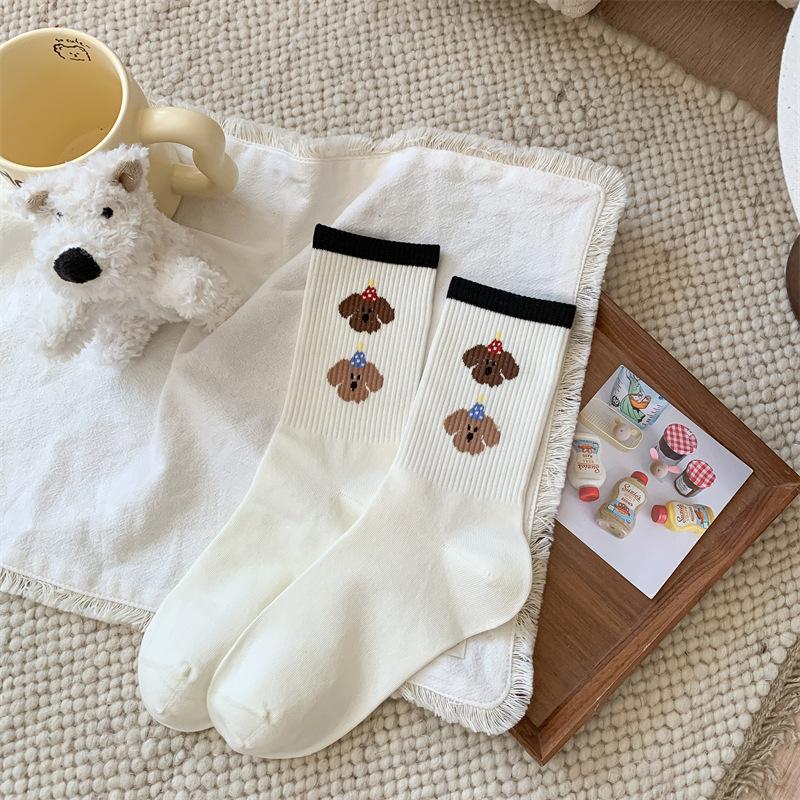 Female Autumn Cotton Polka Dot Striped Cartoon Puppy Cute Preppy Air Breathable Mid Tube Pile Socks