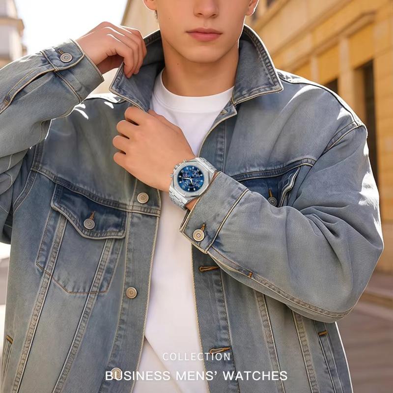 Waterproof Mens Chronograph Watches Steel Strap Moon Phase Calendar Frosted Metal Casual Wrist Watch