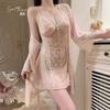 Hot backless women's pajamas deep V plus chest pad sweet mesh sexy velvet pajamas robe set C