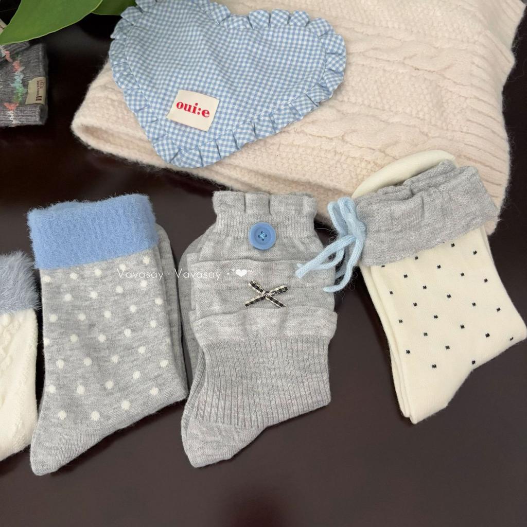 Ladies Autumn Winter Thick Warm Bow-dotted Wool Mid Tube Socks