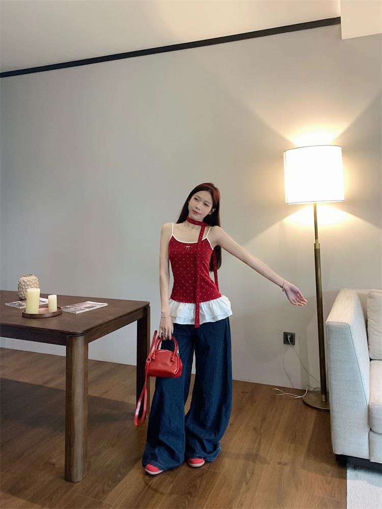 Korean Sweet & Spicy Polka Dot Red Camisole - Slimming & Versatile Summer 2026 Women's Top