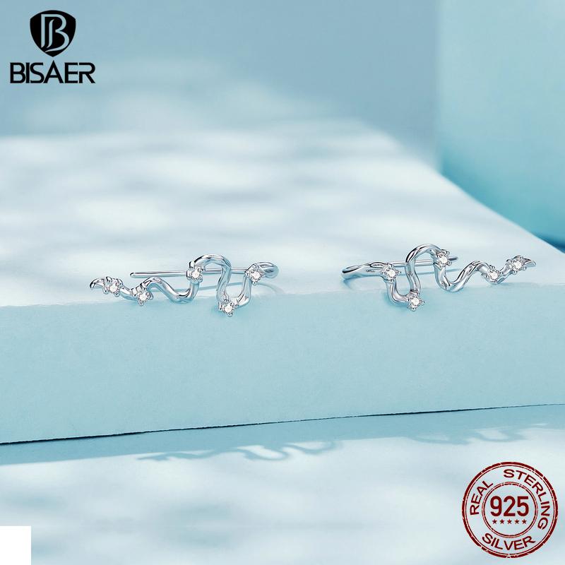 Bisaer 925 Sterling Silver Simple Texture Line Ear Hook Earrings for Women Cute Jewelry Gift