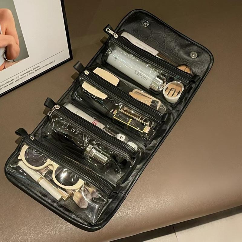 Foldable PU Leather Toiletry Bag with Detachable Compartments, Multi-Functional Cosmetic Storage Bag