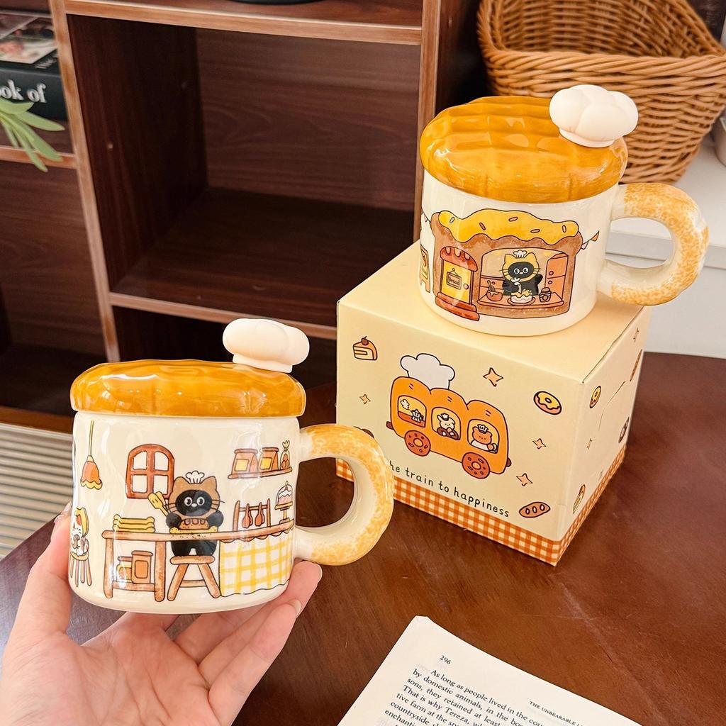 Cute Bread Cat Ceramic Mug with Lid Spoon High Value Water Cup Household Breakfast Milk Cup Birthday Gift