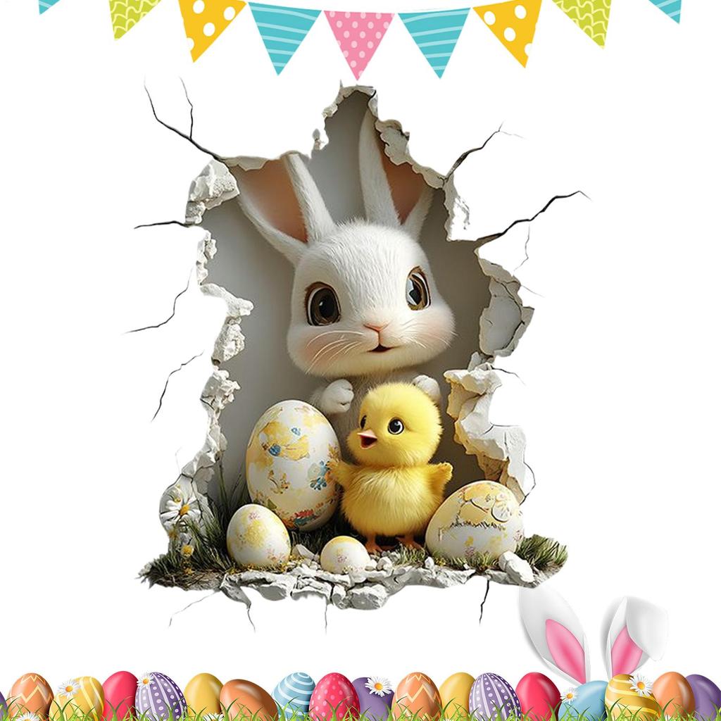 3D Visual Effect Easter Bunny Wall Stickers Cute Removable Adhesive Wallpaper Hole Break Design Bunny Egg Pattern Wall Stickers