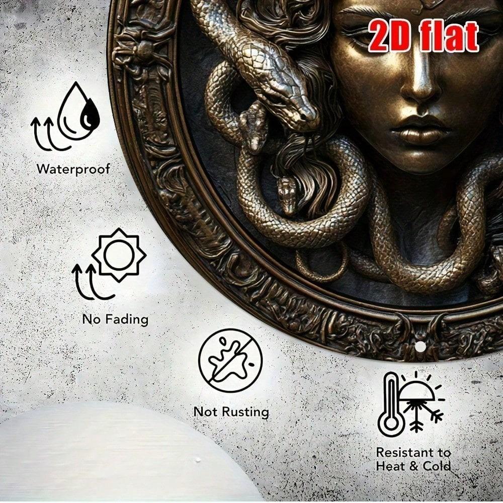 Metal Medusa Wall Art, 8x8 Inch Round Aluminum Sculpture, 2D Flat Head Decor for Home, Waterproof Durable Outdoor Metal Sign