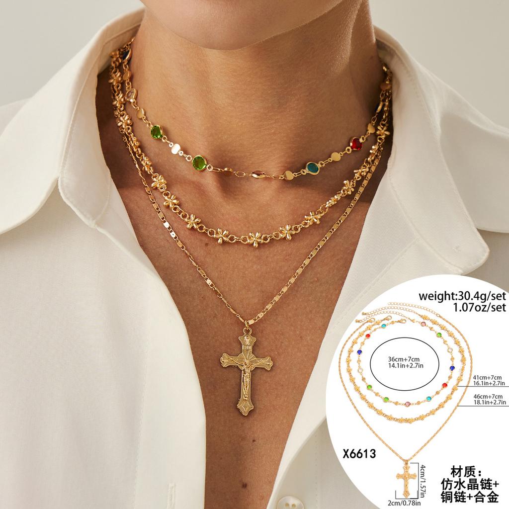 Hip-Hop Diamond-Encrusted Cross Pendant Necklace, Fashionable Imitation Pearl Flower Chain Stacked Necklace