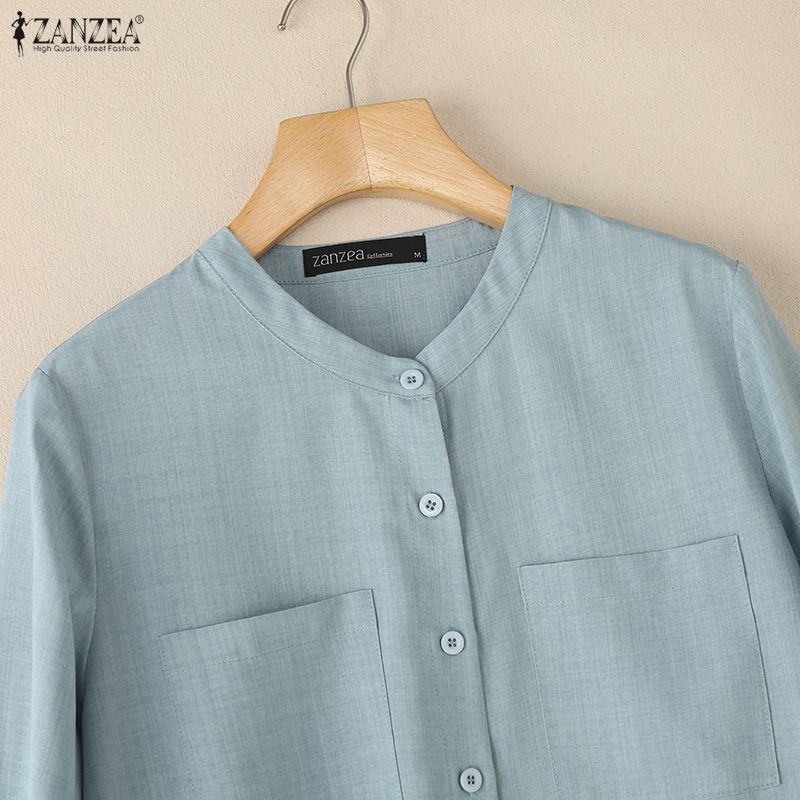 ZANZEA Kadın Günlük Yuvarlak Yaka Düz Renk 3/4 Kol Bol Bluz