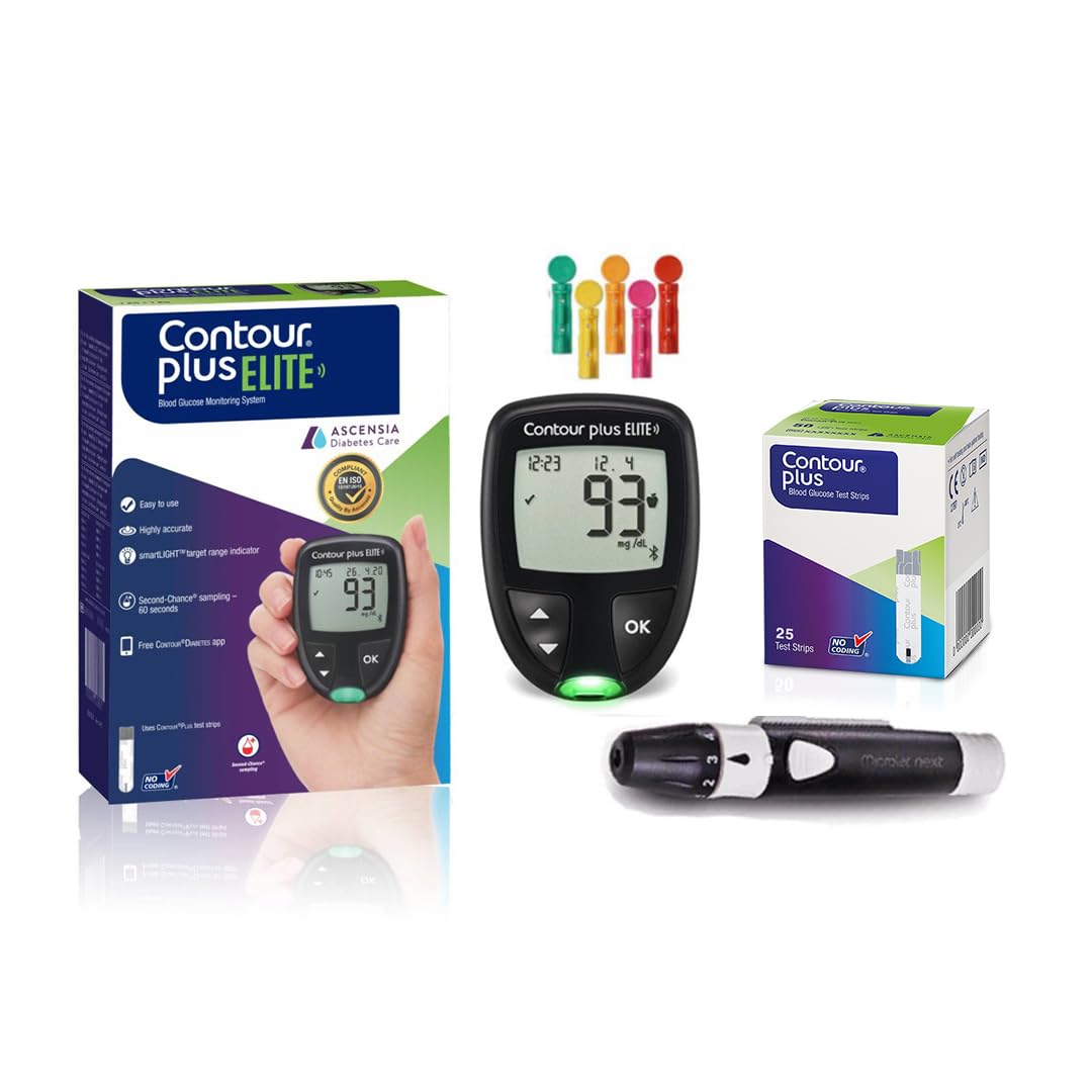 Система мониторинга уровня глюкозы в крови Contour Plus Elite (Глюкометр с тест-полосками Contour Plus для измерения уровня глюкозы в крови 25 шт. Бесплатно) | с Bluetooth