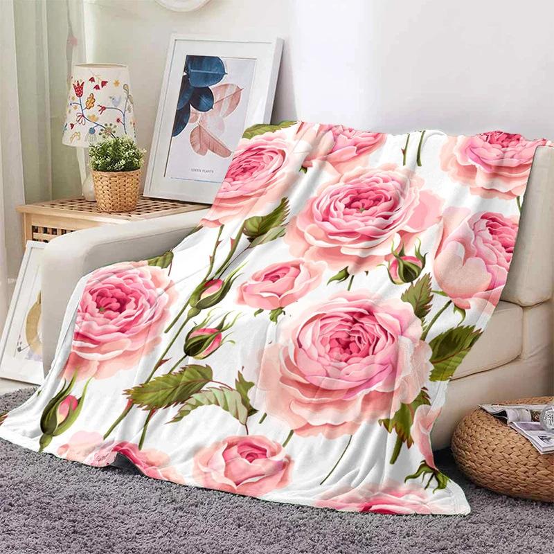 Pink Rose Flowers Printed Blanket for Sofa Bed Travel Camping Living Room Office Conditioning Blanket for All Seasons Gifts