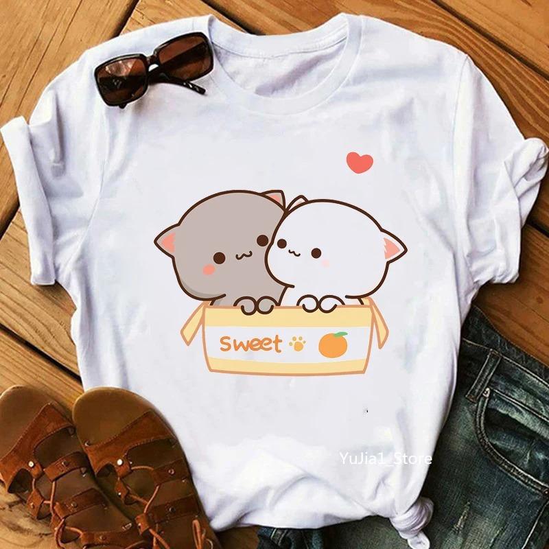 Peach And Goma Mochi Cat Animal Print Tshirt Femme Harajuku Shirt Streetwear Women Short Sleeve Gifts Tshirt Women Clothing S