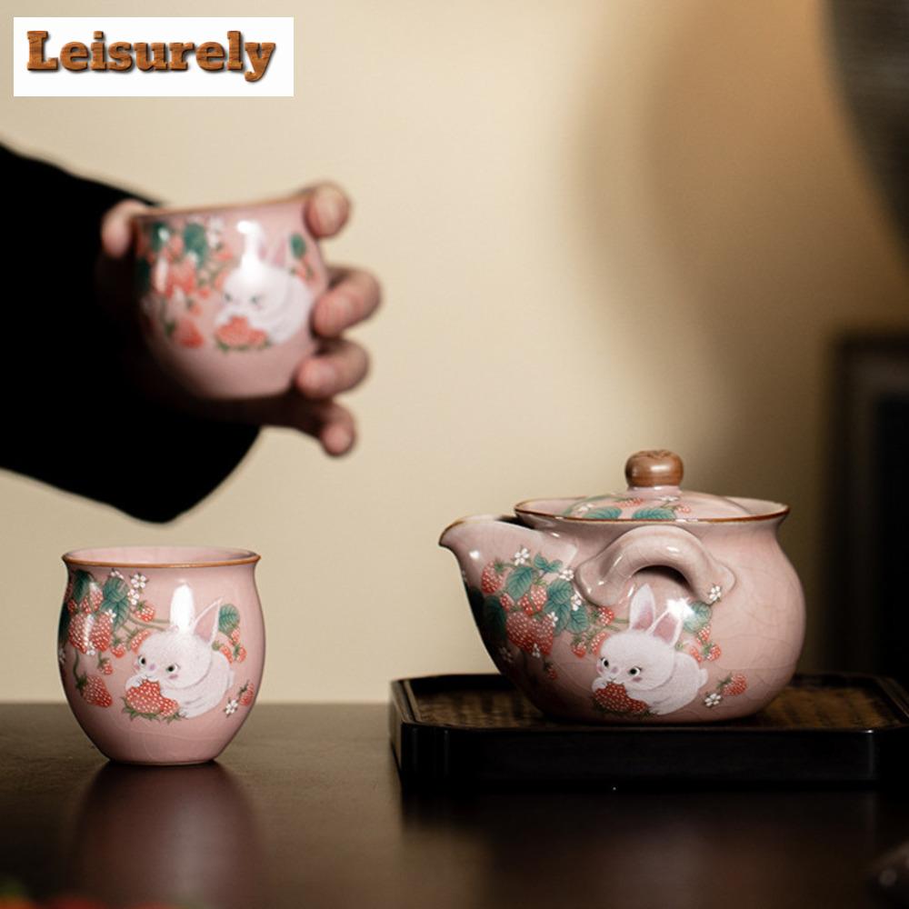 Strawberry Rabbit Ru Kiln Porcelain Tea Set Kit Handmade 1 Pot 2 Cups Tea Making Portable Travel Tea Set Organizer Tableware