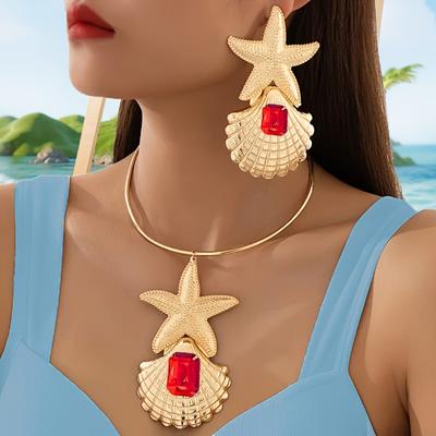 Summer Ocean Wind Starfish Shell Earrings Necklace Set Personalized Exaggerated Fashion Women's Accessories Set
