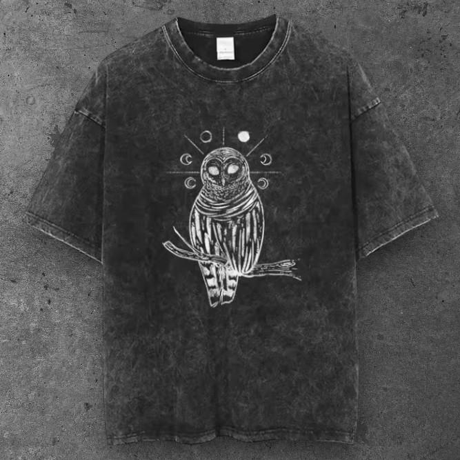 Mens Mystical Owl Graphic T Shirt Washed Black Grunge Y2K Streetwear S-3XL S разноцветный