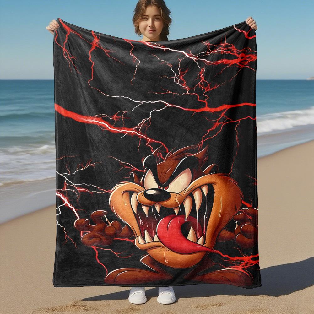 1pc Tazmanian Devil Lightning Storm Outdoor Blanket - Throw Blanket, Soft , Flannel Blankets, Living Room, Travel, Camping-1102088