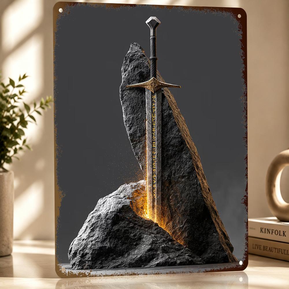 Fantasy Sword In Stone Personalized D Textured Metal Poster Wall Art Tinplate Sign for Decor Living Room Decoration Man Home