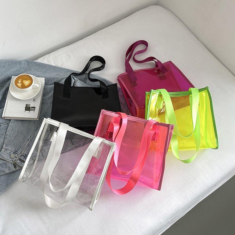 Square Transparent Handbag Candy Color PVC Tote Bag Casual Waterproof Shoulder Bag Female