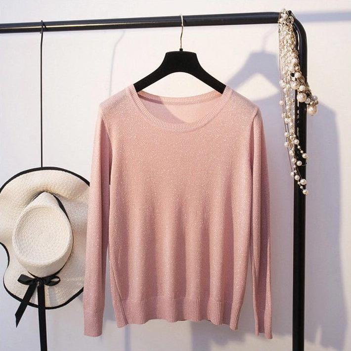 Shiny and Glittering Thin Sweater for Women Loose Knitted Sweater for Autumn Round-neck Pullover Long-sleeved Top