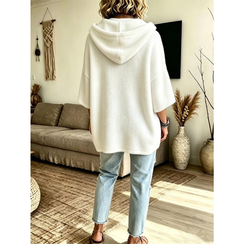 Women's Loose Seven Quarter Sleeves, Hooded Drawstring T-shirt, Batsleeved Top, Outerwear