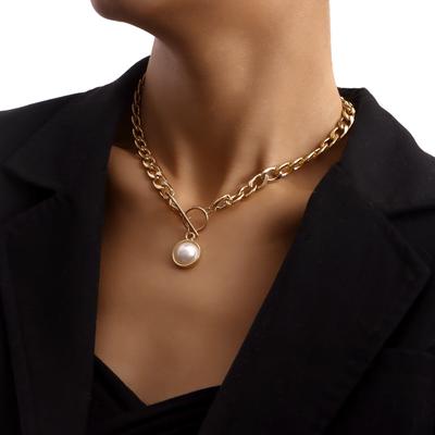Simple Cuban Thick Chain OT Buckle Pearl Pendant Necklace, Punk Ins Trend Item.