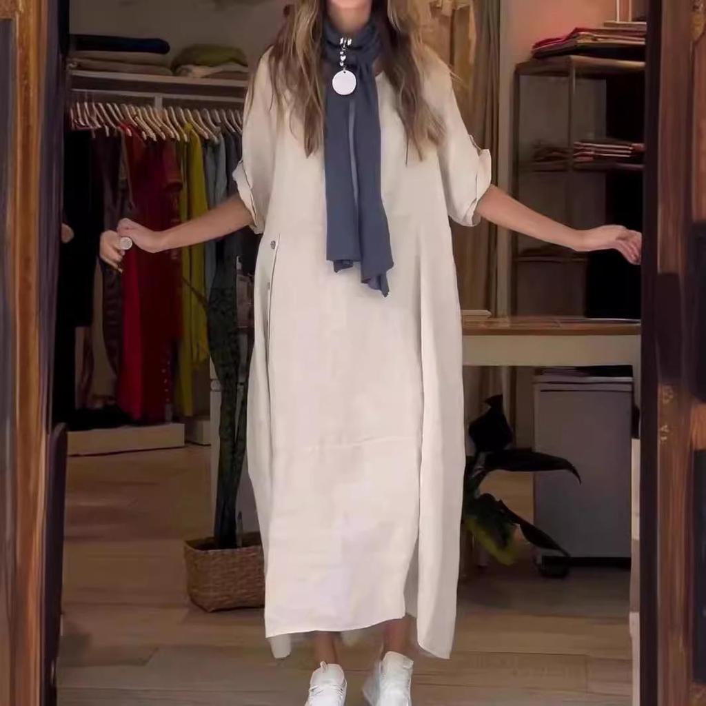 2025 Damen Sommer Locker Lässig Einfarbig Kurzarm Baumwolle Leinen Kleid