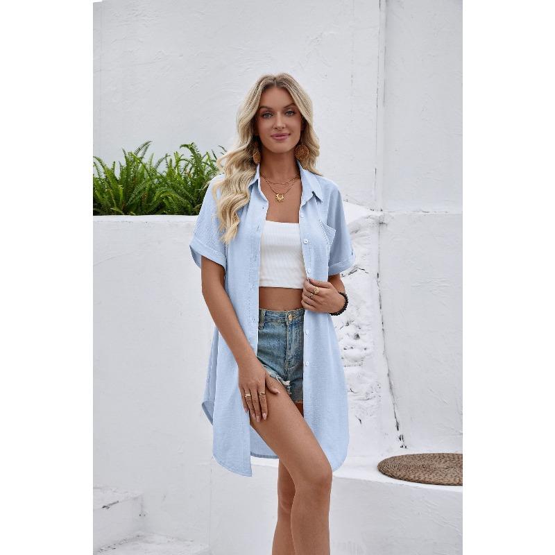 

GMXIA Жіночі модні повсякденні одноколірні блузки та сорочки з довгими рукавами та вирізом з горловиною XXL небо синє кольору