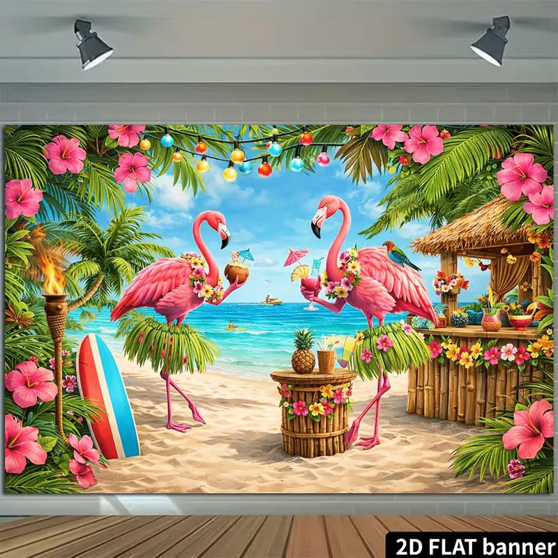 2D Bright Tropical Beach Backdrop with Flamingos for Summer Photoshoot