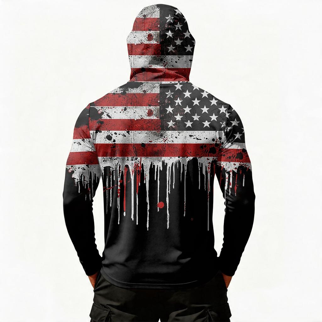 Men’s Casual Long Sleeve Hoodie with Independence Day Print Lightweight Sun Protection Pullover Top with Front Pocket Slash Design