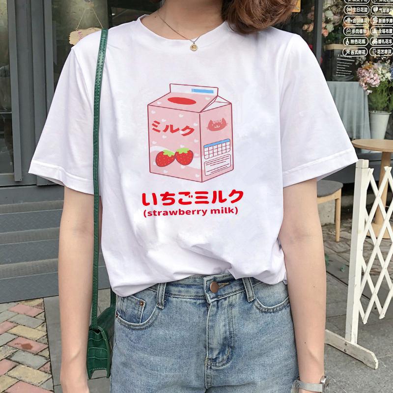 Kawaii Women T-Shirt Cartoon Milk Print Funny Top Female T Shirt Ulzzang Harajuku Aesthetic Casual O-Neck Ladies Tee Clothing