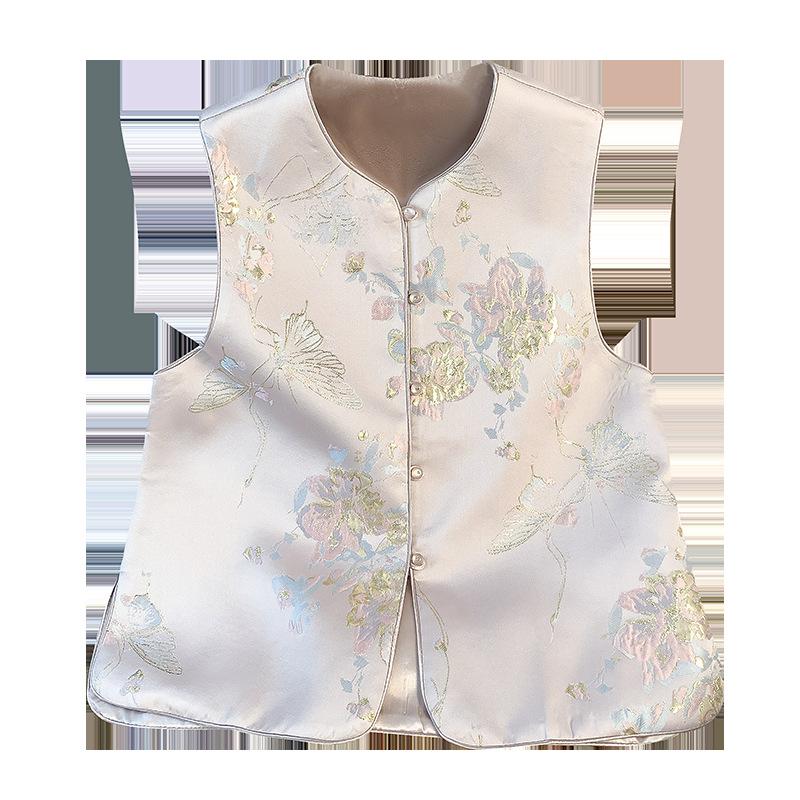 Outer Buckle Small Round Neck Jacquard Retro Gold Embroidered High-end Vest Fashion Top