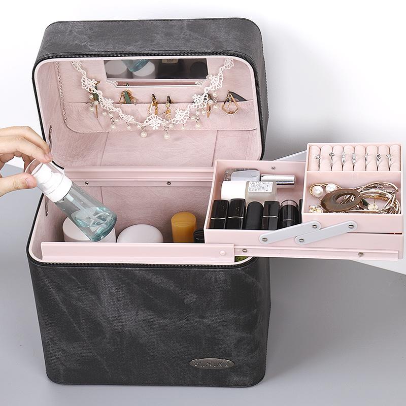 Large Capacity Cosmetic Box Pu Leather Waterproof Make-Up Case Lipstick Jewelry Organize Storage Multifunctional Box With Mirror