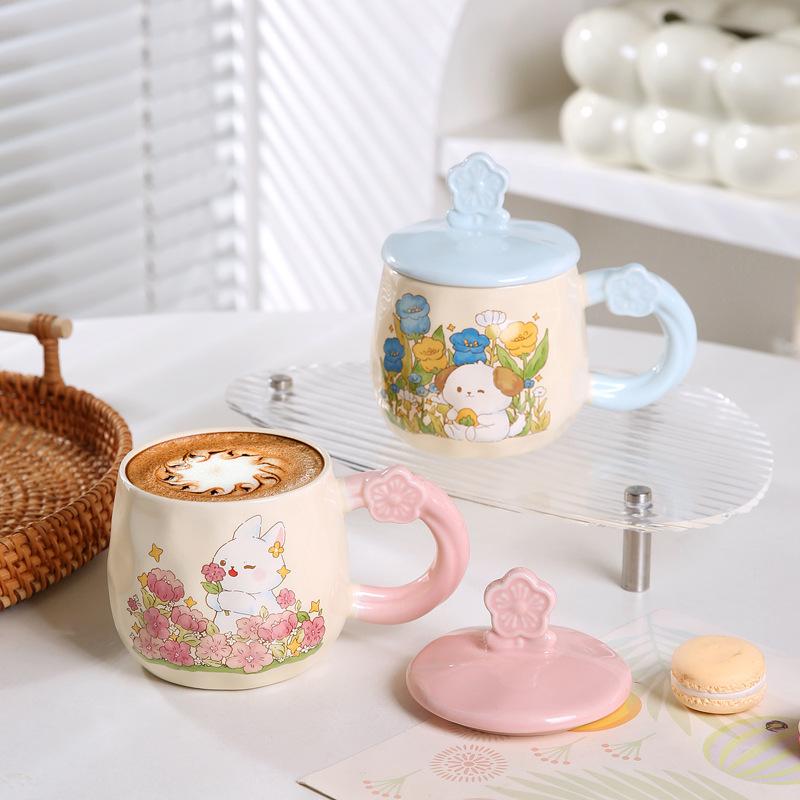 Kreative Katze Tasse mit Deckel Geschenk Trinkbecher Süße Hase Keramik Kaffeetasse Büro Wasserbecher