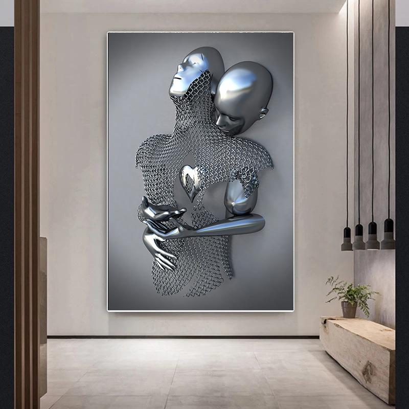 3D Love Heart Grey Art Painting On Canvas Metal Figure Statue Art Posters and Prints Wall Pictures for Living Room Home Decor