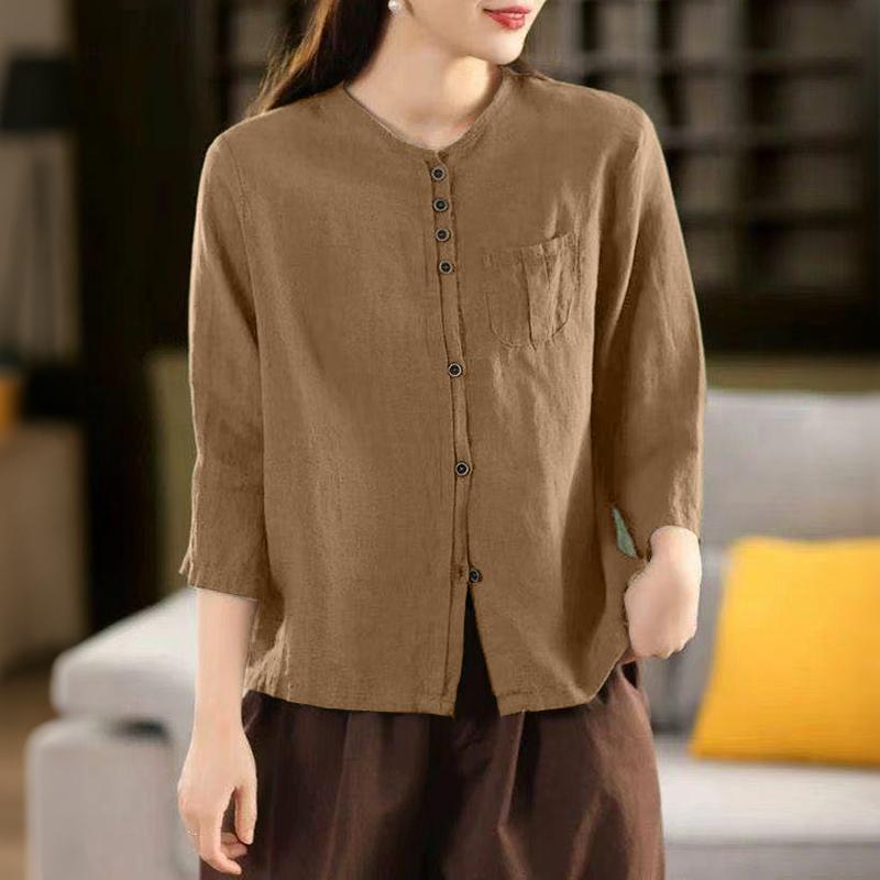 

ZANZEA Жіноча повсякденна бавовняна блуза вільного крою з рукавами 3/4 та круглим вирізом 2XL