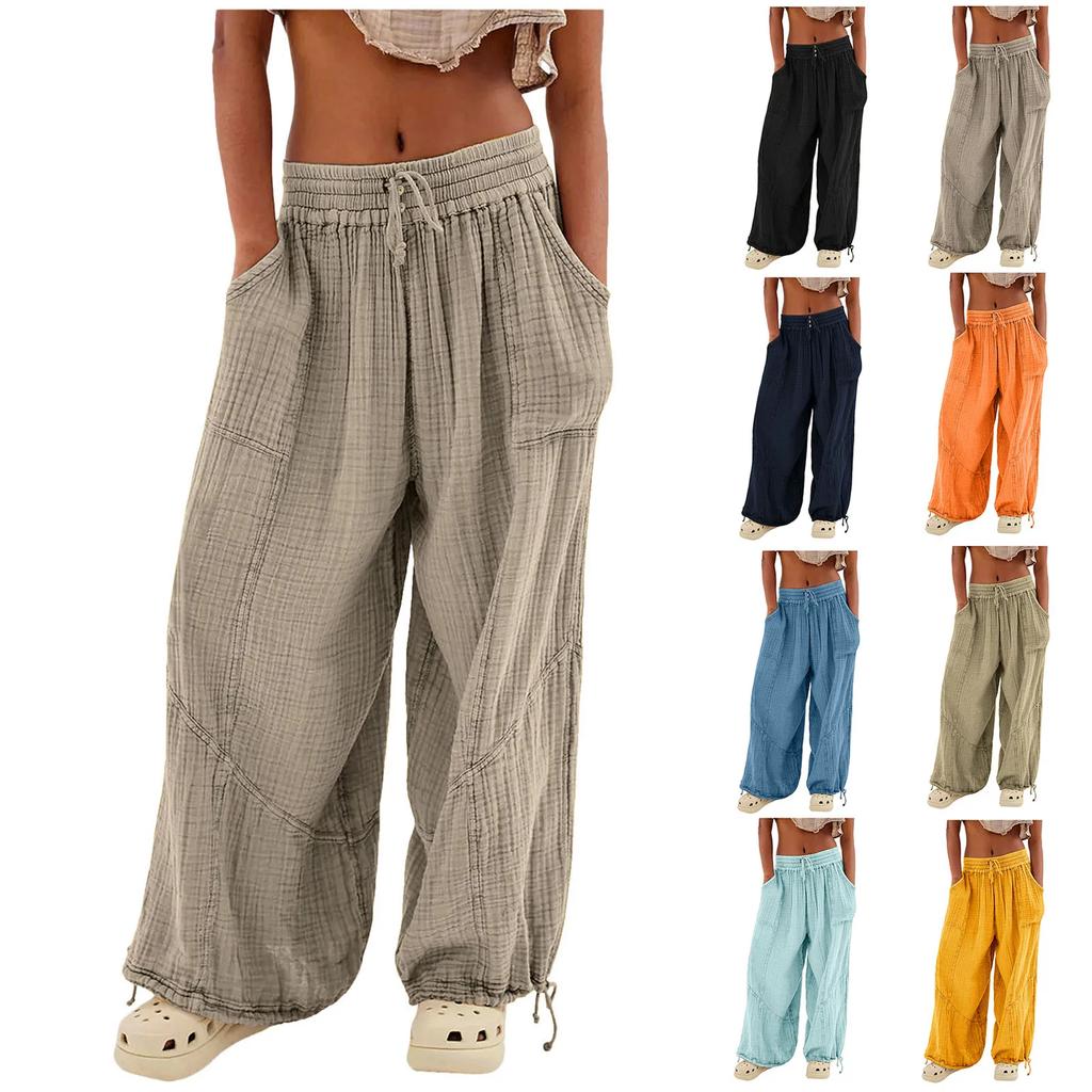 Damen Strand Leinenhose Weites Bein Haremshose Hohe Taille Knopf Kordelzug Palazzo Locker Übergröße Hose mit Tasche