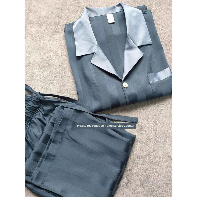 

Vido Silk Satin Men Pajamas Autumn and Winter Long Sleeves Pants Casual Minimalist Loose Stripes Homewear Secret Peacock Blue XXL