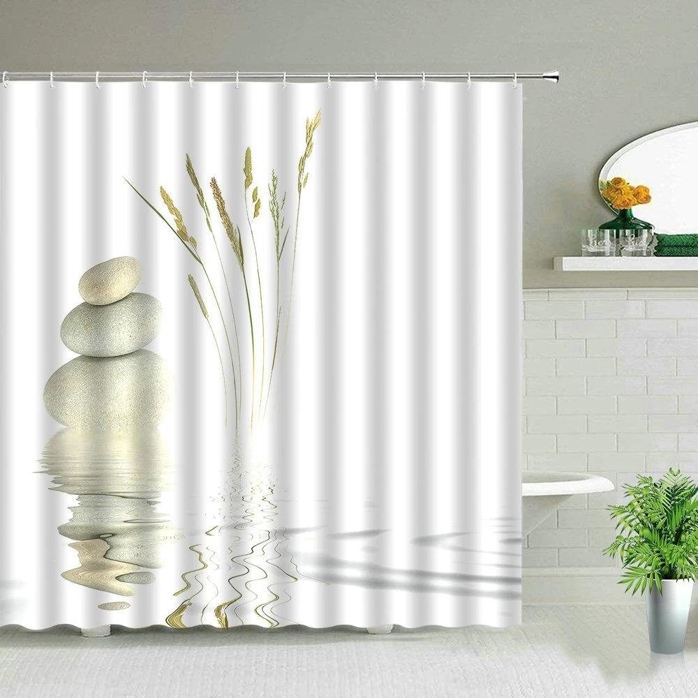 Zen Green Bamboo Buddha Shower Curtains Water Candle Stone Lotus Plant Garden Scenery 3D Home Decor Cloth Hooks Bathroom Curtain