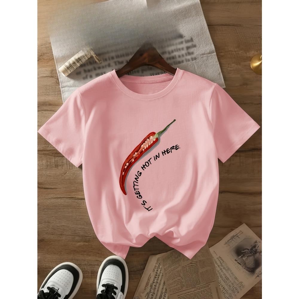 T-shirt da Donna a Maniche Corte con Peperoncino Rosso e Slogan Stile Vintage Famoso