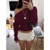 Women Loose Off Shoulder Long Sleeve Knit Cropped Sweater