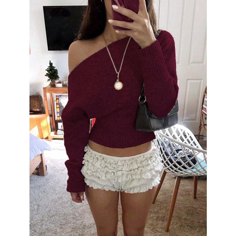 Women Loose Off Shoulder Long Sleeve Knit Cropped Sweater