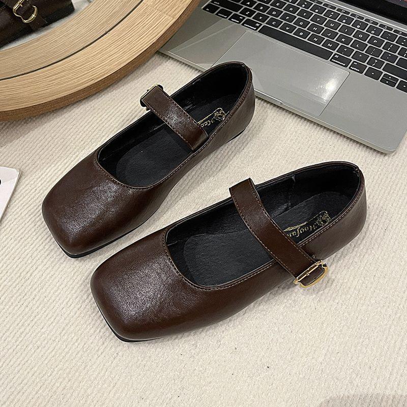 2025 New Mary Jane Shoes Female Genuine Leather Square Toe Flat Ballet Shoes Cowhide Ladies Shoes