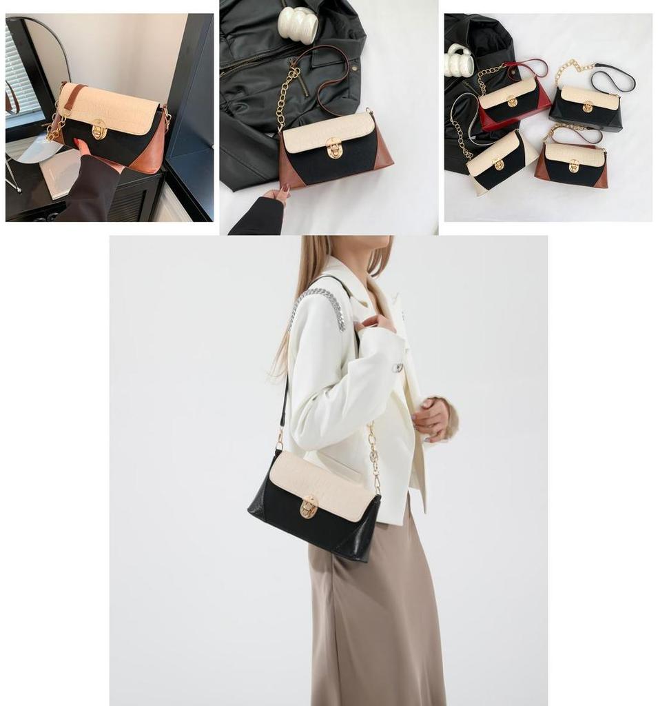 Retro Color Block Shoulder Bag 2024 New Trend Street Style Pu Material Medium Size