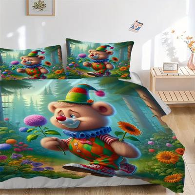 3pcs Anime Clown Bear Bedding Set - Includes One Quilt Cover and Two Pillowcases (No Core) - Polyester Fabric - Perfect for Bedroom and Gues