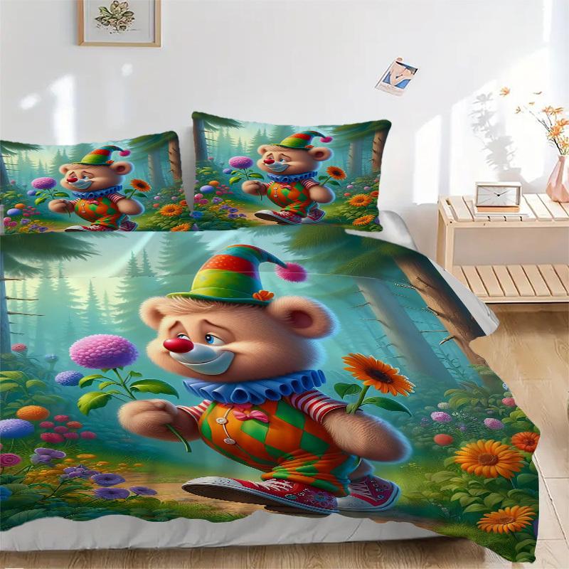 3pcs Anime Clown Bear Bedding Set - Includes One Quilt Cover and Two Pillowcases (No Core) - Polyester Fabric - Perfect for Bedroom and Gues