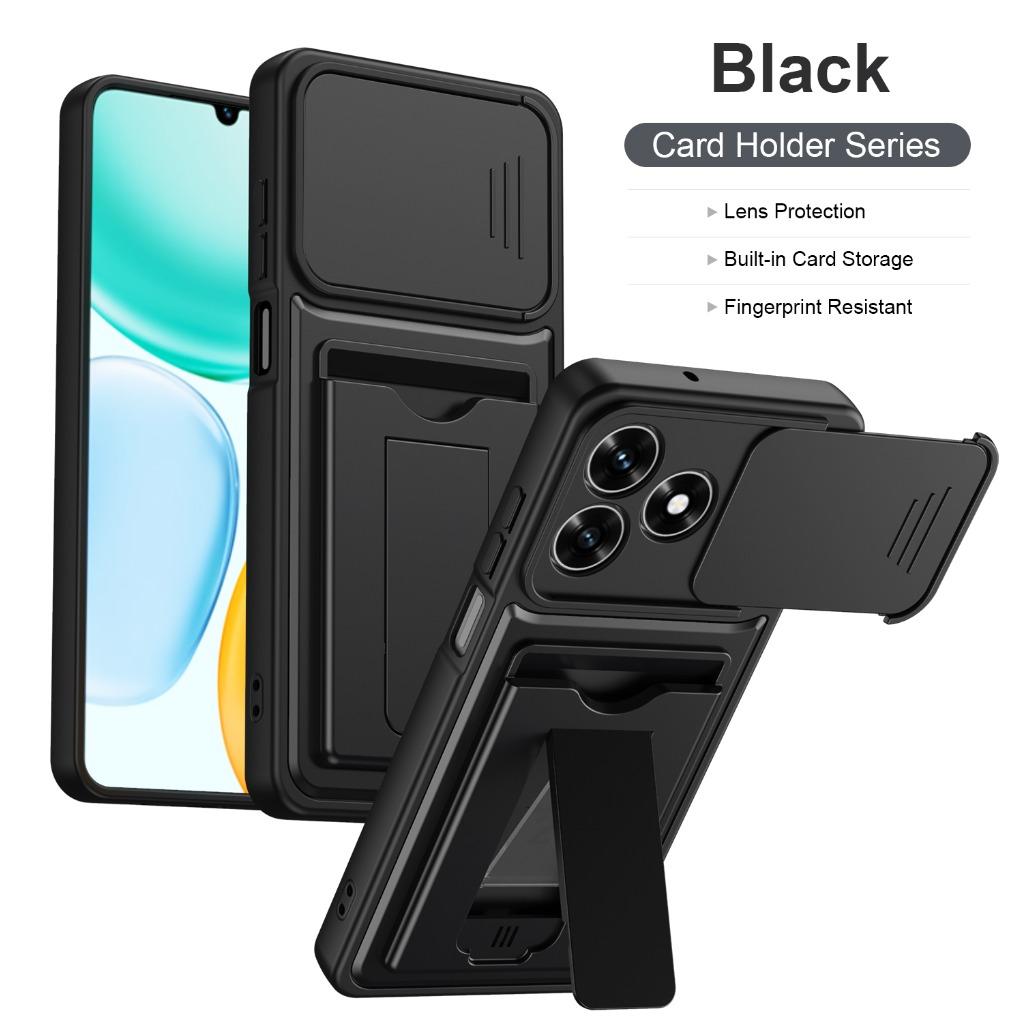 Slide Camera Cover Phone Case w/ Card Holder Invisible Stand For Honor Magic 600 Lite X60d X70 X9d 7 X9c X8b X8c X6c X5c Plus